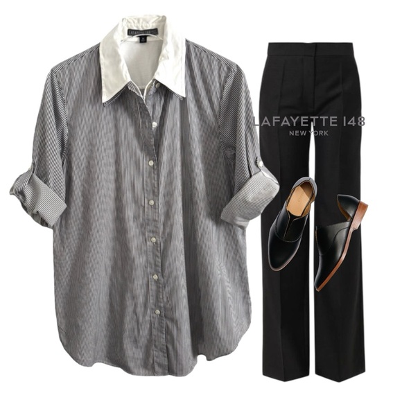 LAFAYETTE 148 NEW YORK GRAY WHITE STRIPED DOUBLE LAYER BUTTON DOWN TOP SHIRT M - Picture 1 of 5